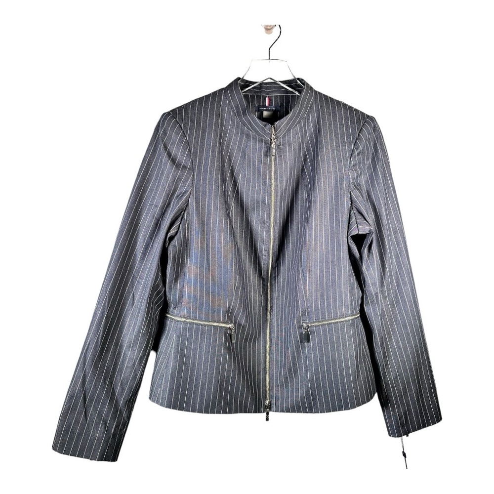 Tommy Hilfiger Navy Pinstripe Elbow Pad Blazer Size 14 Mock Collar Blue Jacket